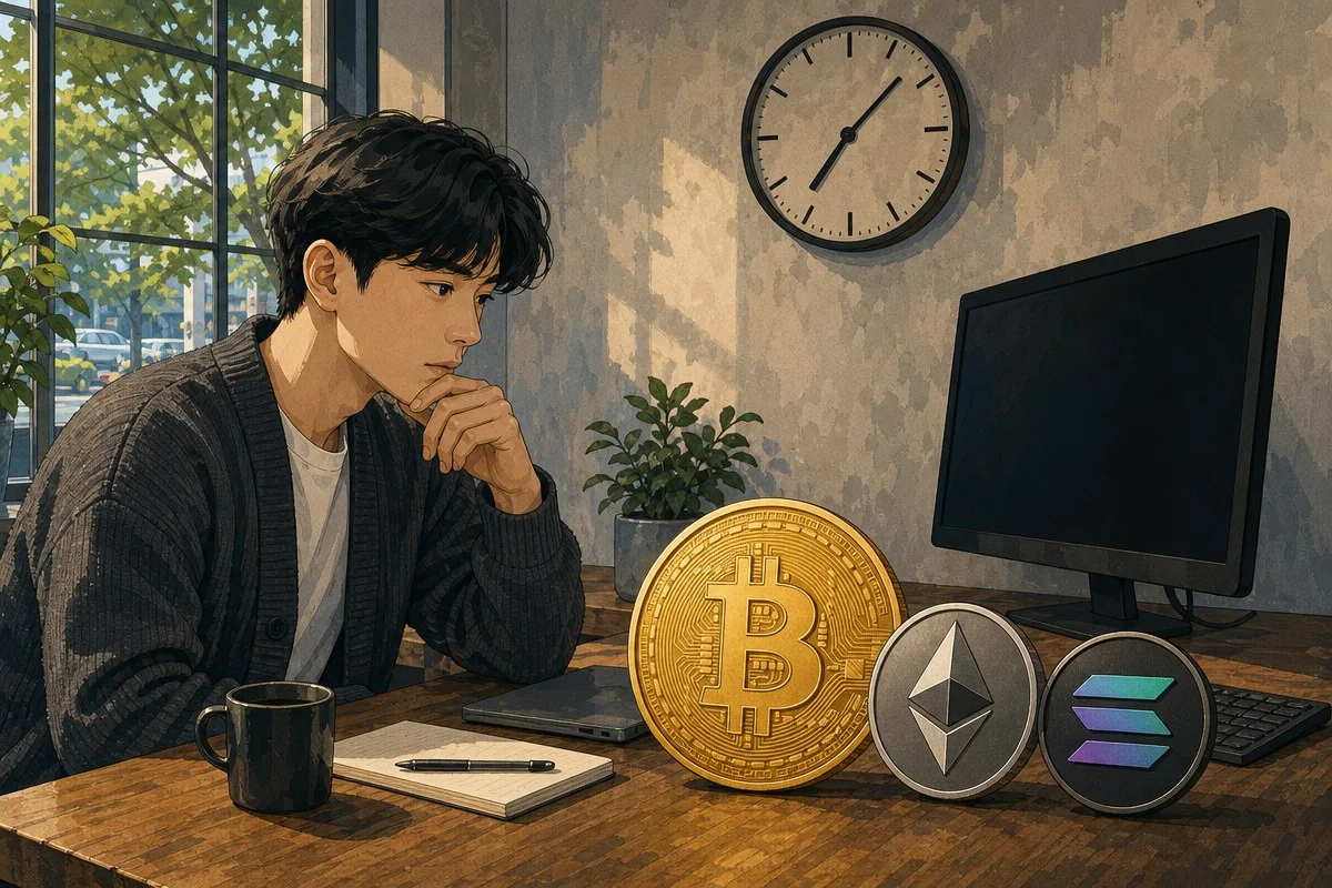 책상 앞에서 비트코인·이더리움·솔라나 동전을 바라보는 남성 — AI 자료 이미지