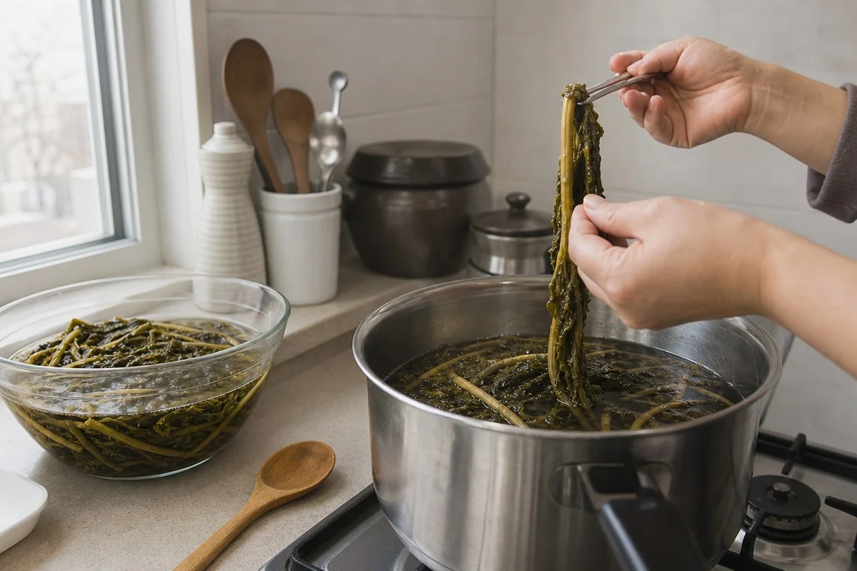 냄비 속 긴 시래기 줄기를 젓가락으로 들어 올리는 모습 — 이해를 돕는 AI 자료 이미지