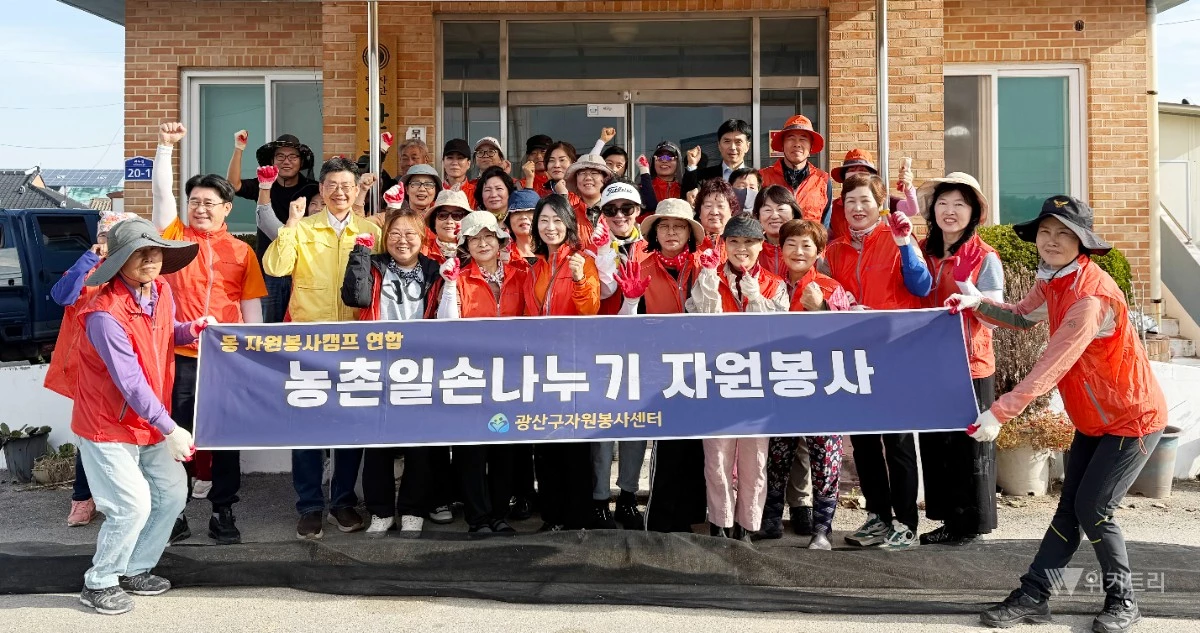 광산구자원봉사센터(이사장 박병기)는 10월 16일 동 자원봉사캠프 소속 자원봉사자 40여 명이 참여한 가운데 농촌 일손 나누기 연합활동을 진행했다. / 광산구자원봉사센터