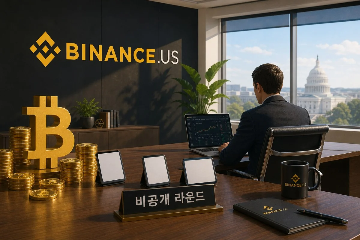 바이낸스US 로고가 있는 사무실에서 암호화폐 화면을 바라보는 남성 — 이해를 돕는 AI 자료 이미지