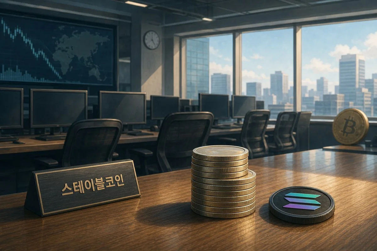 스테이블코인 표지판과 동전 더미, 암호화폐 토큰이 놓인 사무실 책상 — 내용 이해를 돕는 AI 이미지