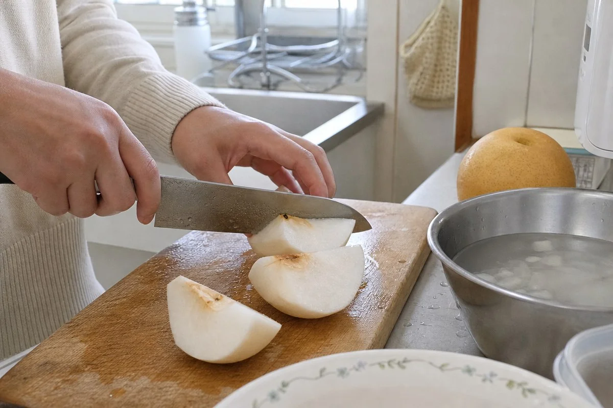 주방 도마에서 배를 칼로 자르고 옆에 물그릇을 둔 모습 — 내용 이해를 돕는 AI 이미지