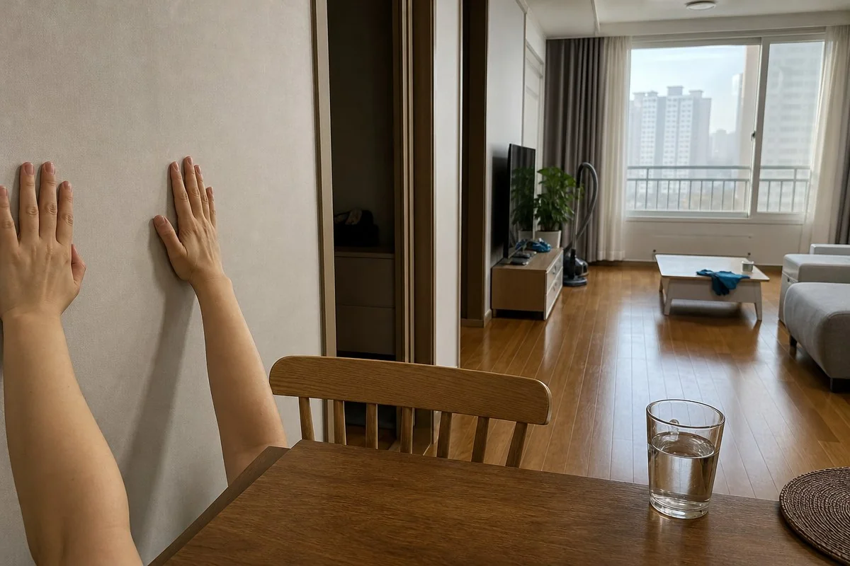 거실 식탁 옆 벽면에 양손을 대고 몸을 지탱하는 모습 — 이해를 돕는 AI 자료 이미지