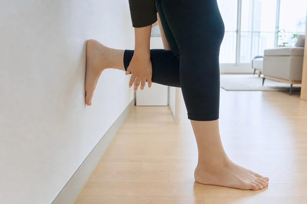 벽면에 한쪽 발을 대고 종아리 근육을 늘이는 모습 — AI 자료 이미지