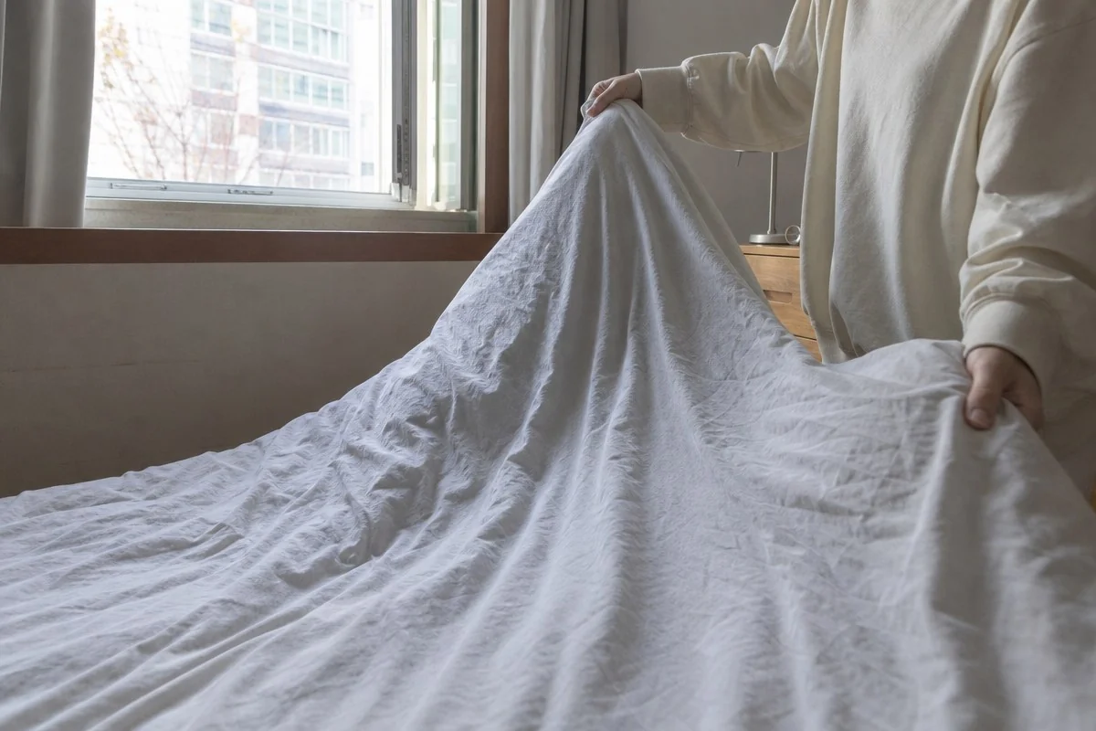 창가에서 흰색 침대 시트를 양손으로 들어 펼쳐 보이는 모습 — AI 자료 이미지
