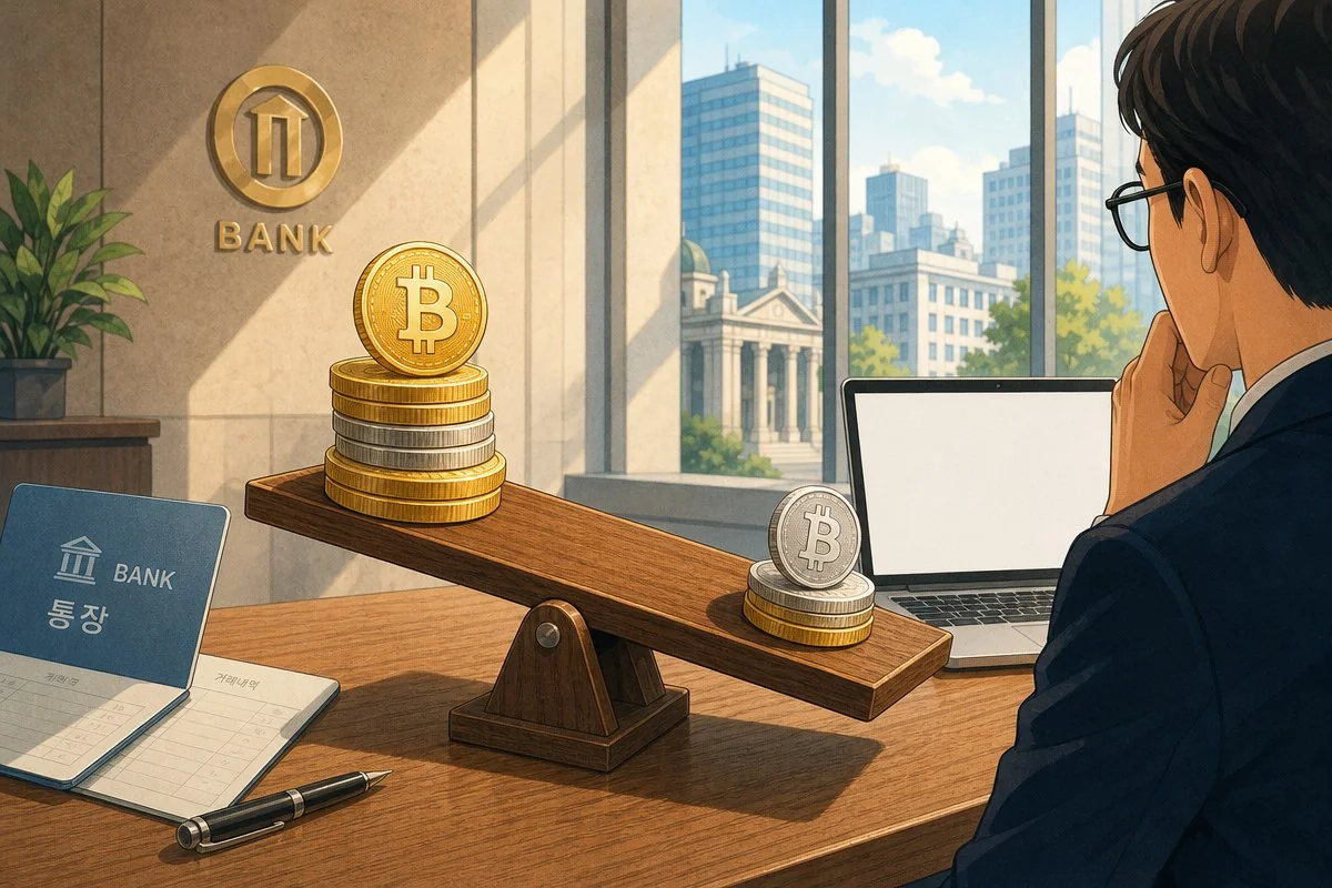 은행 창가 책상에서 비트코인 모형 저울을 바라보는 남성의 모습 — AI 자료 이미지