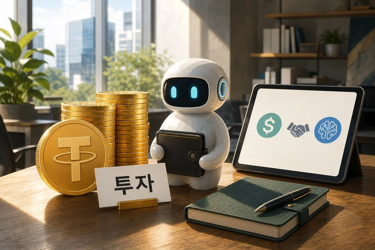 창가 책상 위 금빛 동전과 ‘투자’ 표지판, 태블릿 곁에 선 로봇 — AI 자료 이미지