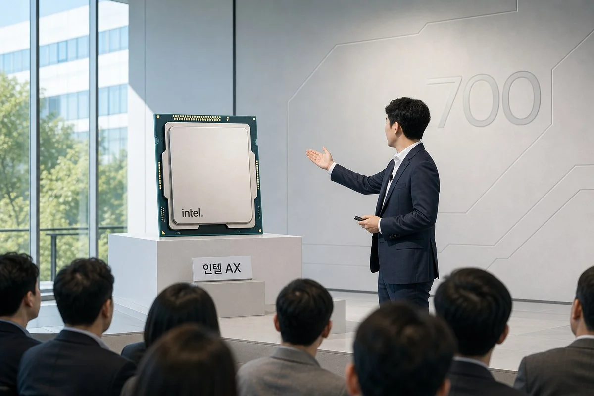 인텔 AX 칩 모형 앞에서 청중에게 발표하는 정장 차림 남성 — AI 자료 이미지