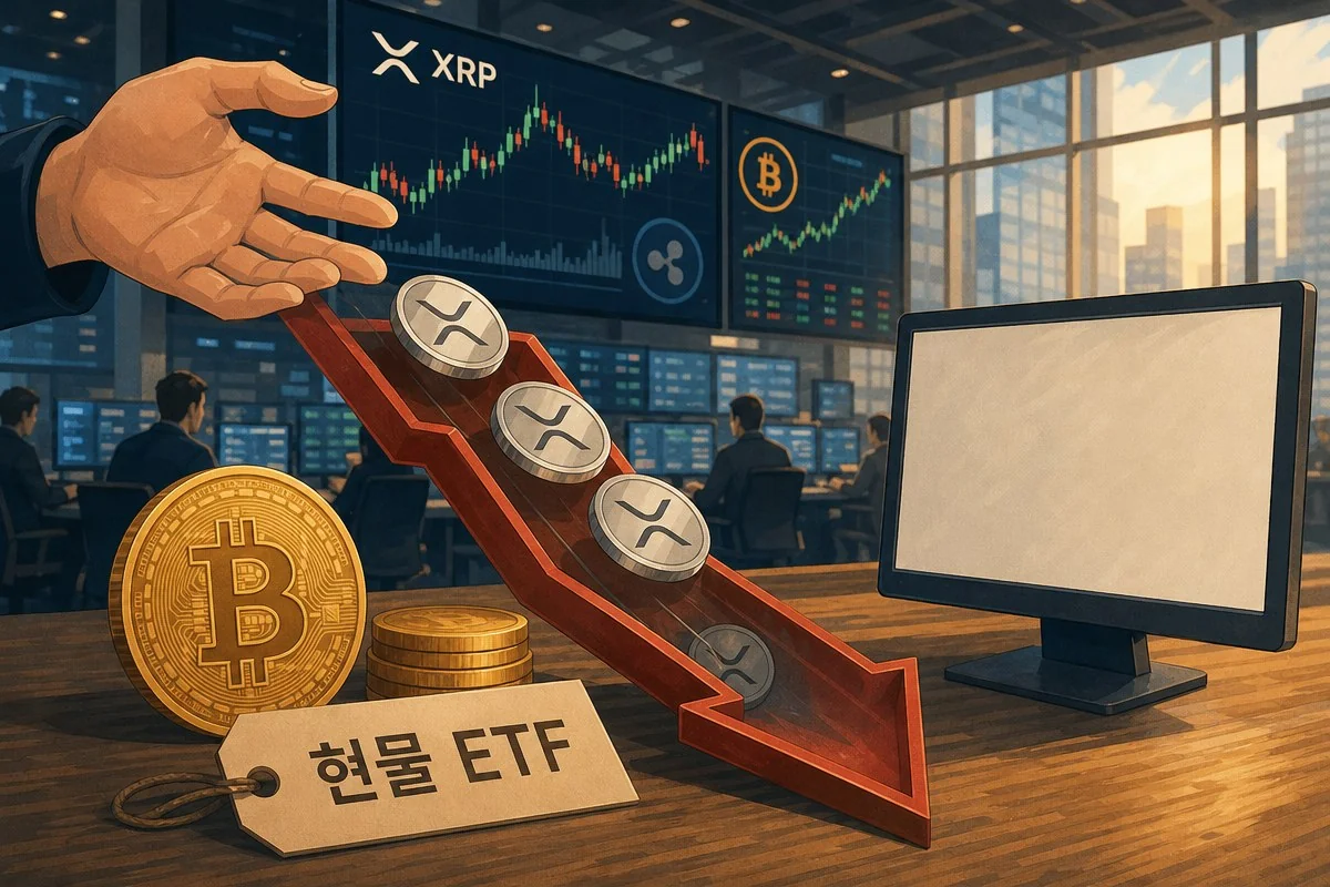 XRP 차트와 하락 방향 화살표, 비트코인·XRP 동전이 놓인 사무실 — AI 자료 이미지