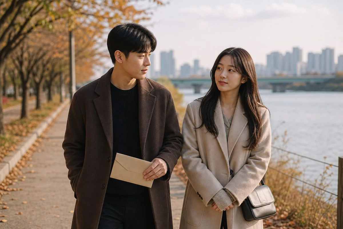 가을 강변 산책로에서 봉투를 든 남녀가 나란히 걷는 모습 — AI 자료 이미지