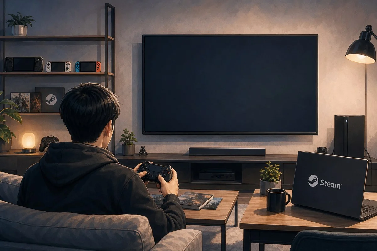 거실 소파에 앉아 대형 TV 화면을 바라보며 게임 컨트롤러를 조작하는 모습 — 이해를 돕는 AI 자료 이미지