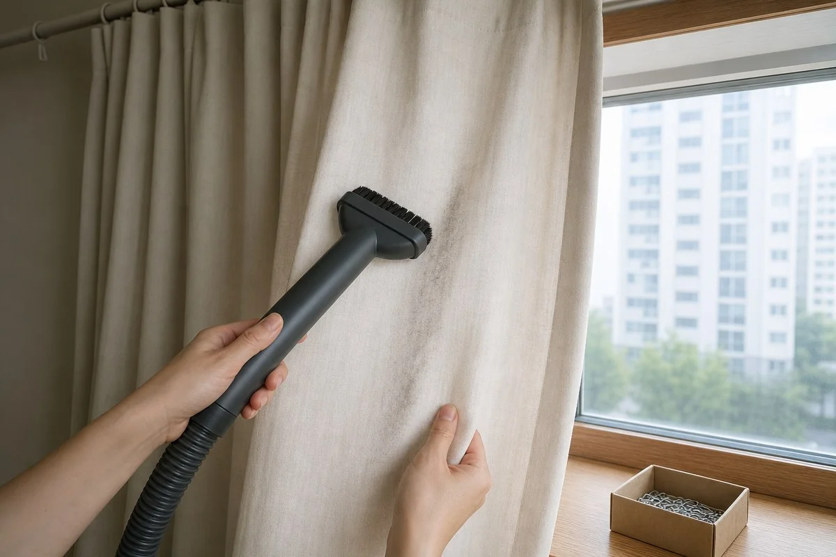 창가에 걸린 베이지색 커튼을 스팀기로 다림질하는 모습 — 내용 이해를 돕는 AI 이미지