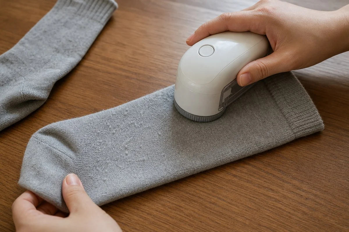 나무 탁자 위 회색 수면양말을 보풀 제거기로 손질하는 모습 — AI로 생성한 자료 이미지