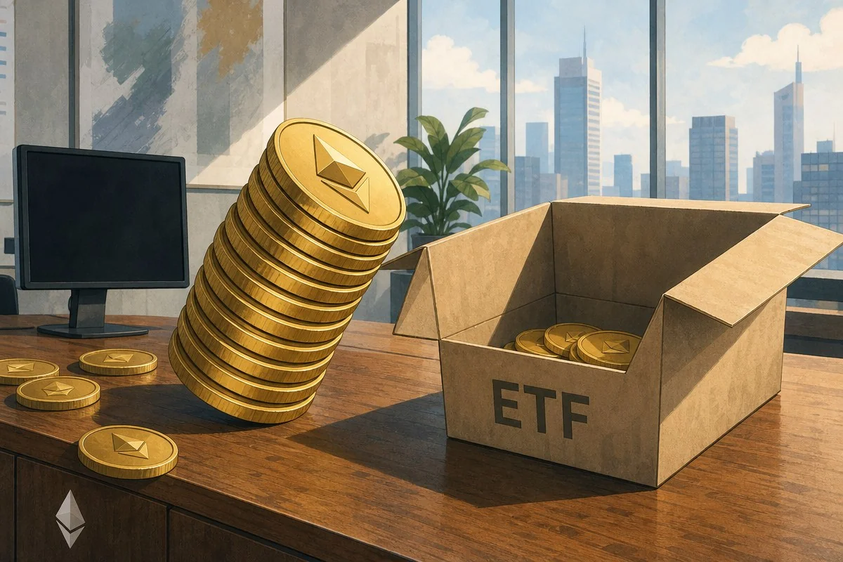 이더리움 로고 금화 더미와 ETF 상자가 놓인 사무실 책상 — 이해를 돕는 AI 자료 이미지