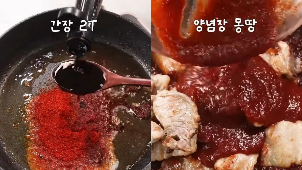 삼겹살 기름에 고추가루와 간장을 넣고 볶다가 구워둔 삼겹살과 만들어준 양념장을 넣는 모습. / 유튜브 '신내린셰프'