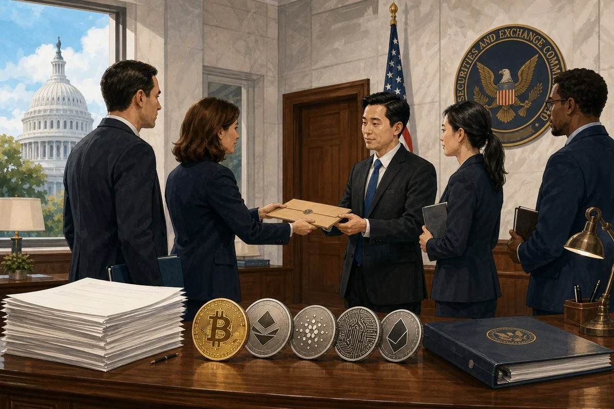 미국 국회의사당이 보이는 사무실에서 서류를 건네는 정장 차림 인사들 — 이해를 돕는 AI 자료 이미지