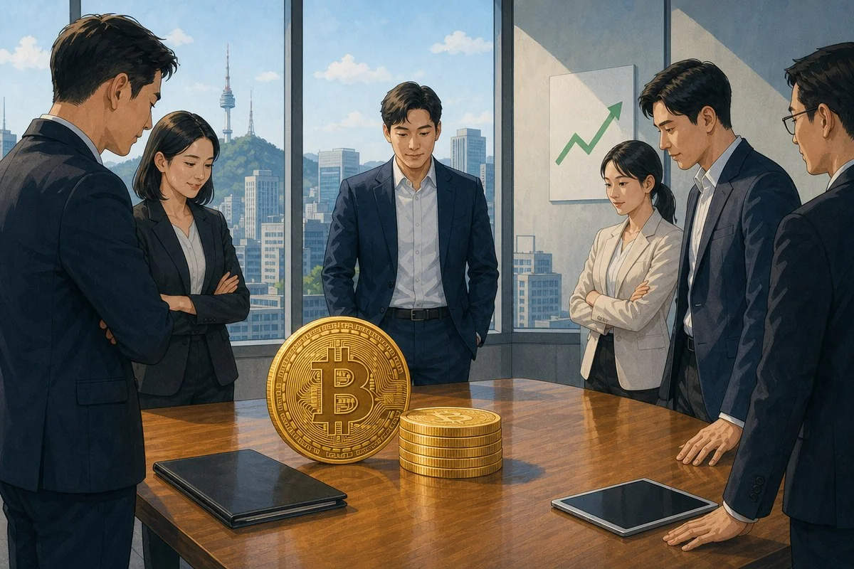 회의실에서 비트코인 모형과 금빛 코인 더미를 둘러싼 정장 차림 사람들 — AI 자료 이미지