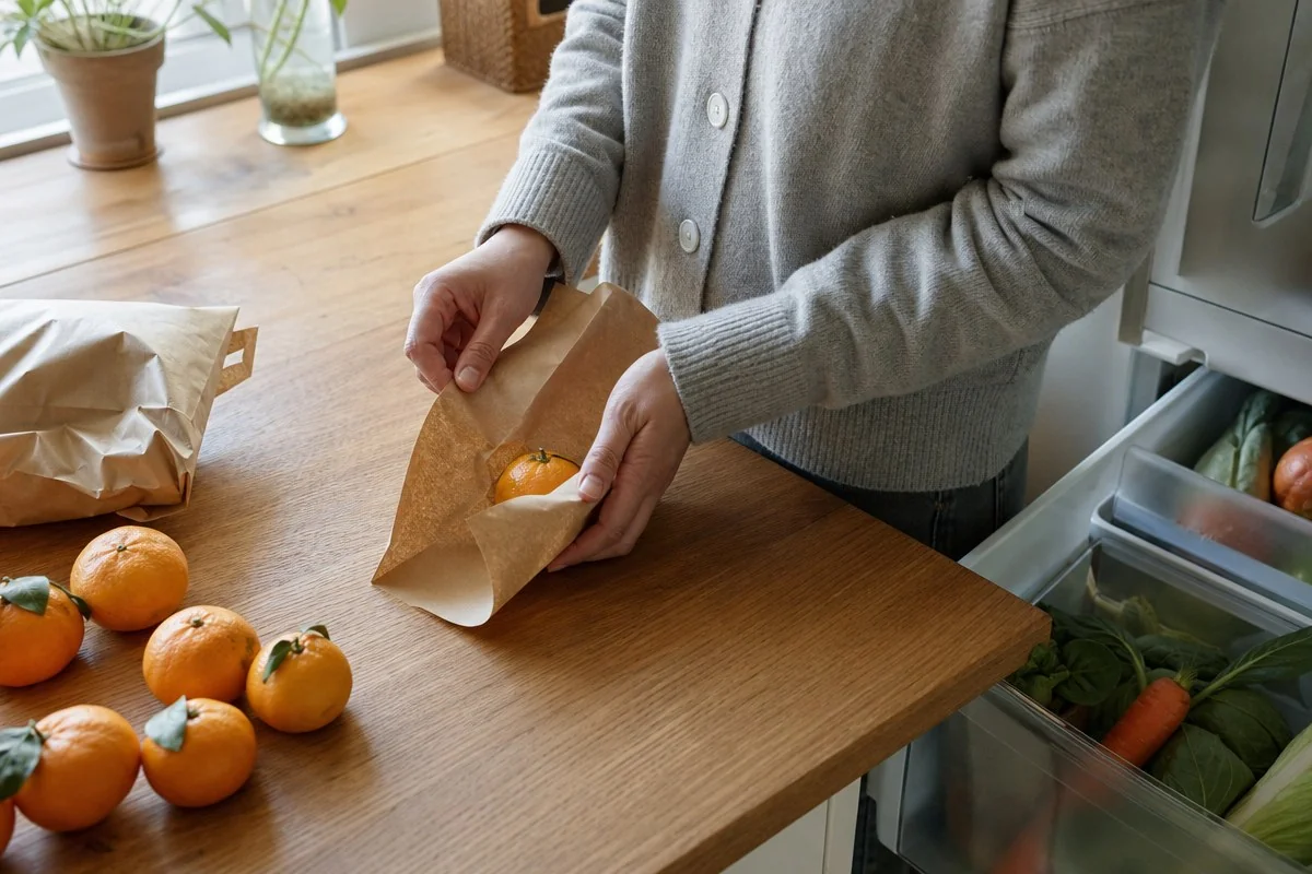 주방 조리대에서 갈색 종이에 귤을 올려 감싸는 모습 — AI로 생성한 자료 이미지