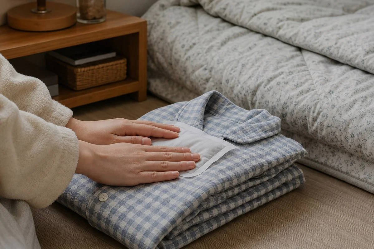 침대 옆에서 접어 둔 체크무늬 침구를 손으로 누르는 모습 — 이해를 돕는 AI 자료 이미지