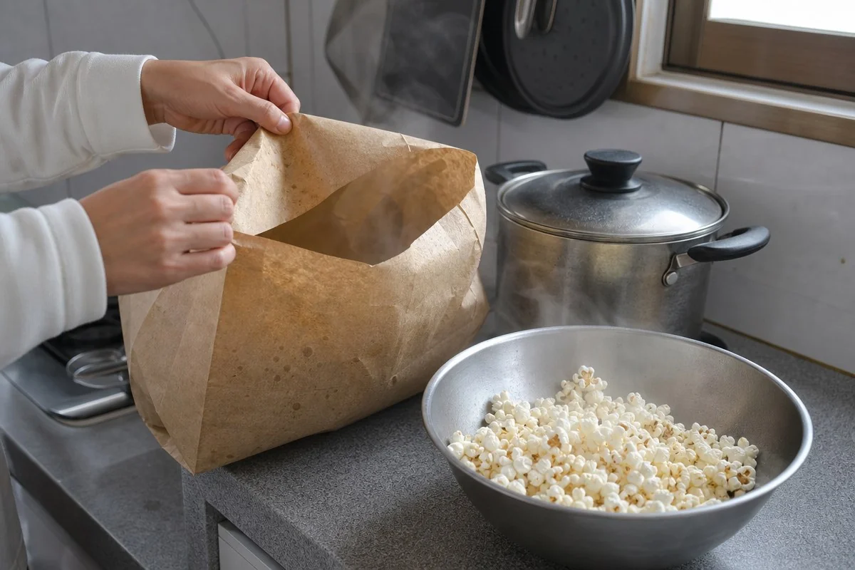 팝콘 그릇 옆에서 갈색 종이봉투를 펼쳐 여는 모습 — 이해를 돕는 AI 자료 이미지