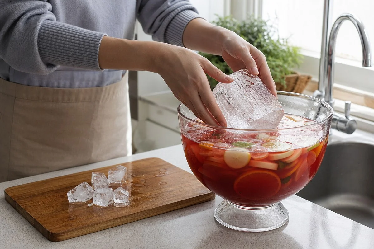 도마 위 얼음 조각 옆에서 큰 얼음 덩어리를 과일 음료에 넣는 모습 — AI 자료 이미지