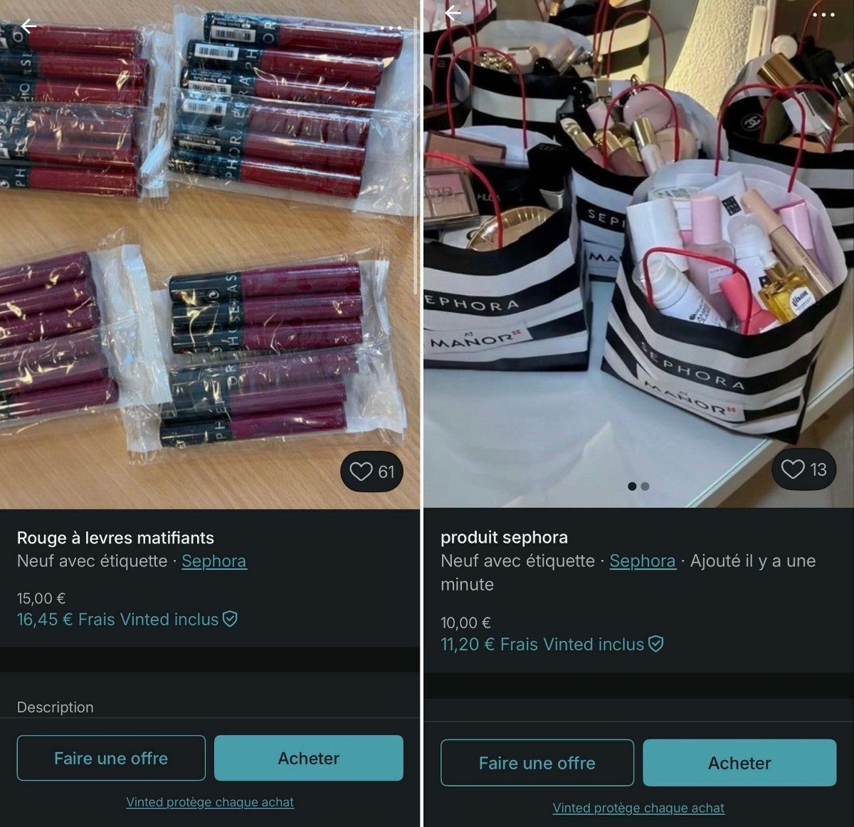 프랑스 중고 거래 플랫폼 빈티드(Vinted)에 올라온 세포라 립스틱과 세포라·마노르(Manor) 쇼핑백에 담긴 화장품. 립스틱은 개당 15유로(2만2300원), 화장품 묶음은 10유로(1만4900원)에 판매되고 있다. 약탈품으로 추정된다.