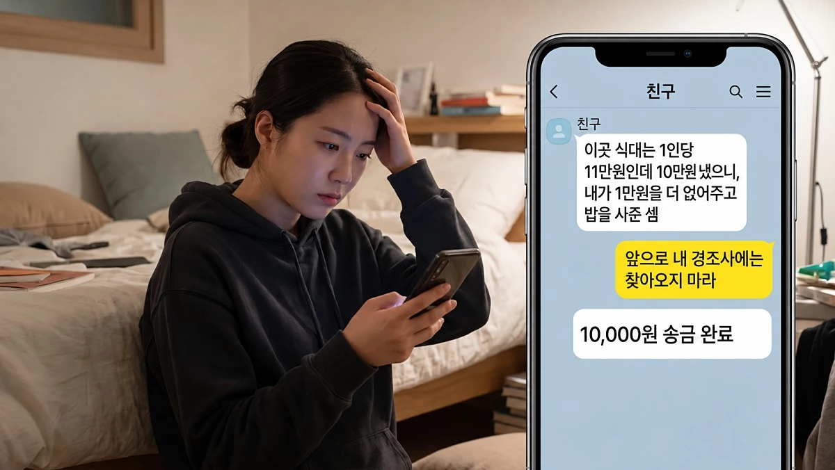 대학 동기의 결혼식에 참석해 축의금 10만 원을 냈다가 식대보다 적다는 이유로 항의를 받았다는 사연이 전해졌다. 결혼식을 마친 뒤 친구에게 연락을 받은 하객은 결국 돈을 추가로 송금하고 관계를 끊었다. / 기사 이해를 돕기 위해 AI로 제작한 자료 이미지.