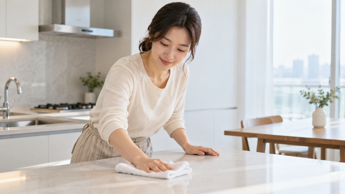 식탁 위 물건을 최소화하여 쉽게 행주질을 하는 주부. 기사 이해를 돕기 위해 AI툴로 생성한 자료사진.
