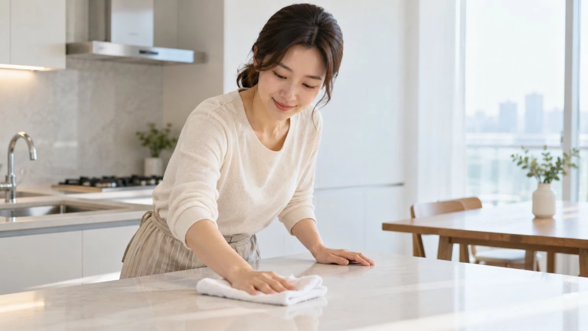 식탁 위 물건을 최소화하여 쉽게 행주질을 하는 주부. 기사 이해를 돕기 위해 AI툴로 생성한 자료사진.