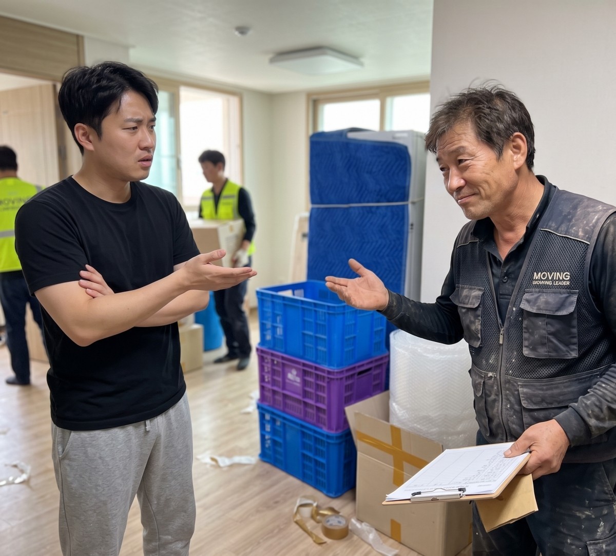 이사 업체 직원과 소비자의 실랑이 모습. 기사 내용 토대로 AI툴 활용해 제작한 자료사진.