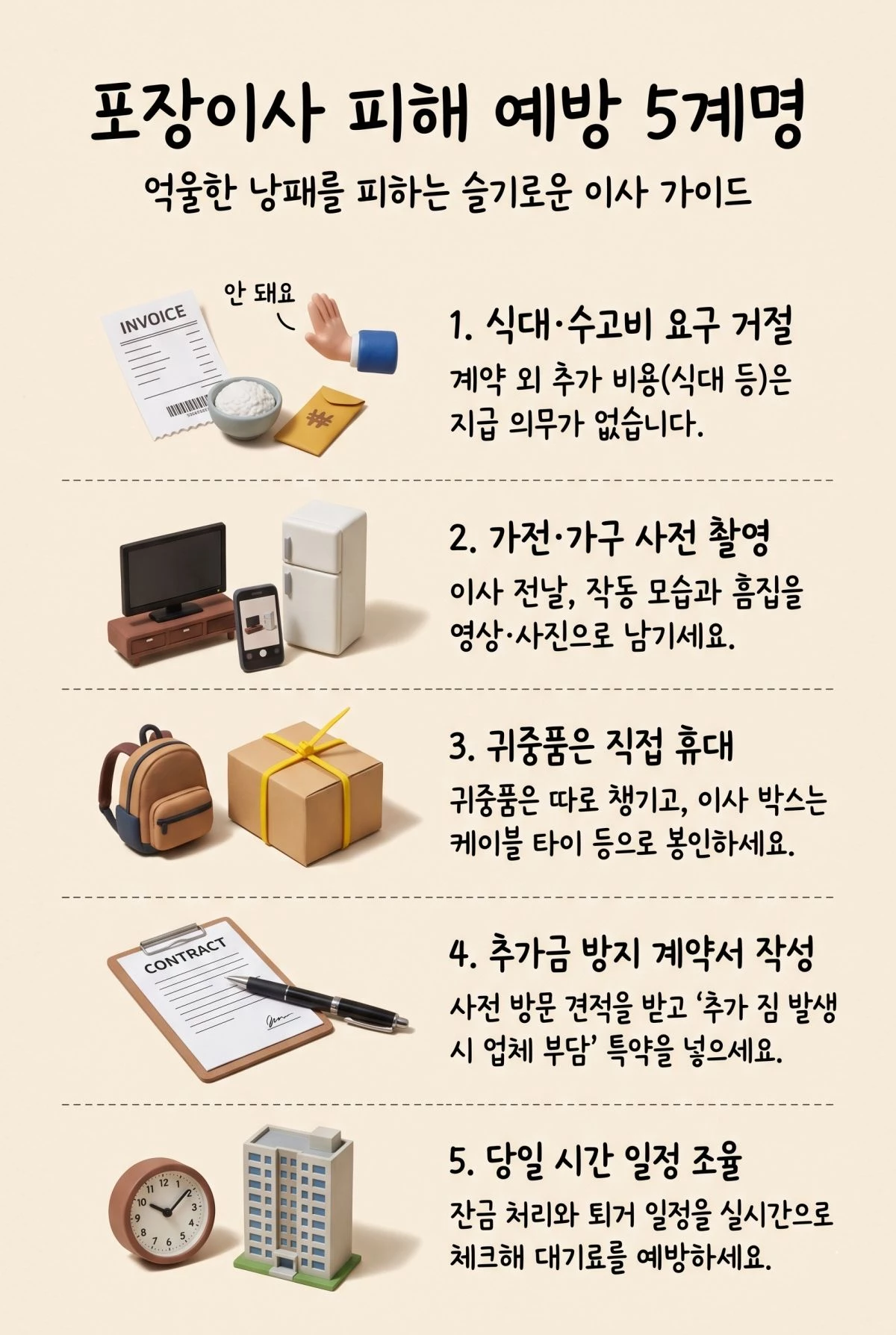 '포장 이사 피해 예방 5계명'. 기사 내용 토대로 AI툴 활용해 제작한 자료사진.