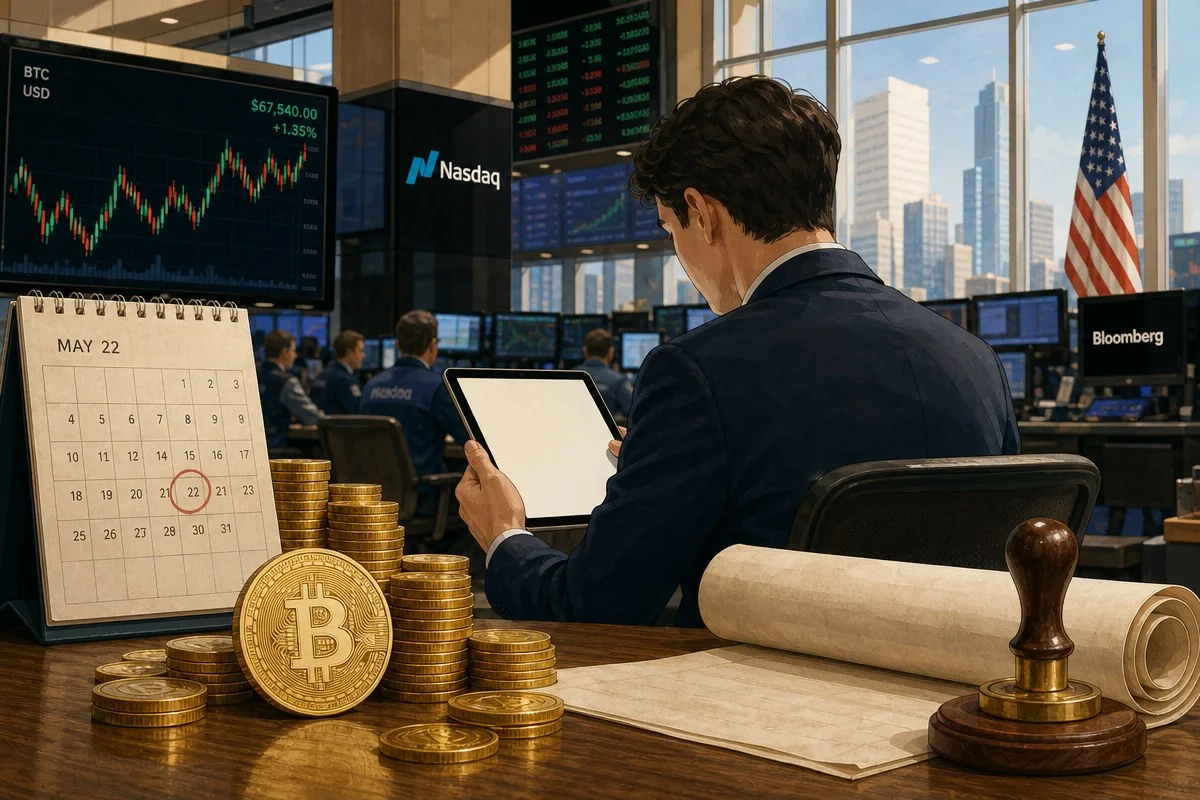 나스닥 전광판 앞에서 태블릿을 들고 앉아 있는 정장 차림 남성 모습 — 이해를 돕는 AI 자료 이미지
