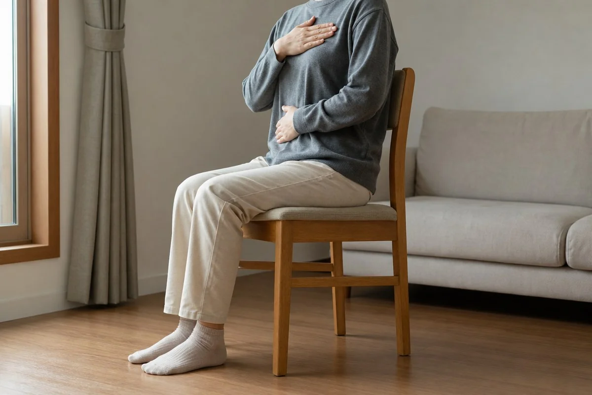 나무 의자에 앉아 양손으로 가슴과 배를 감싸는 모습 — AI 자료 이미지