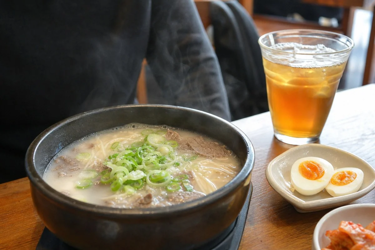 고기와 파를 올린 국물 면 요리와 반숙 달걀, 아이스티가 놓인 식탁 — 내용 이해를 돕는 AI 이미지