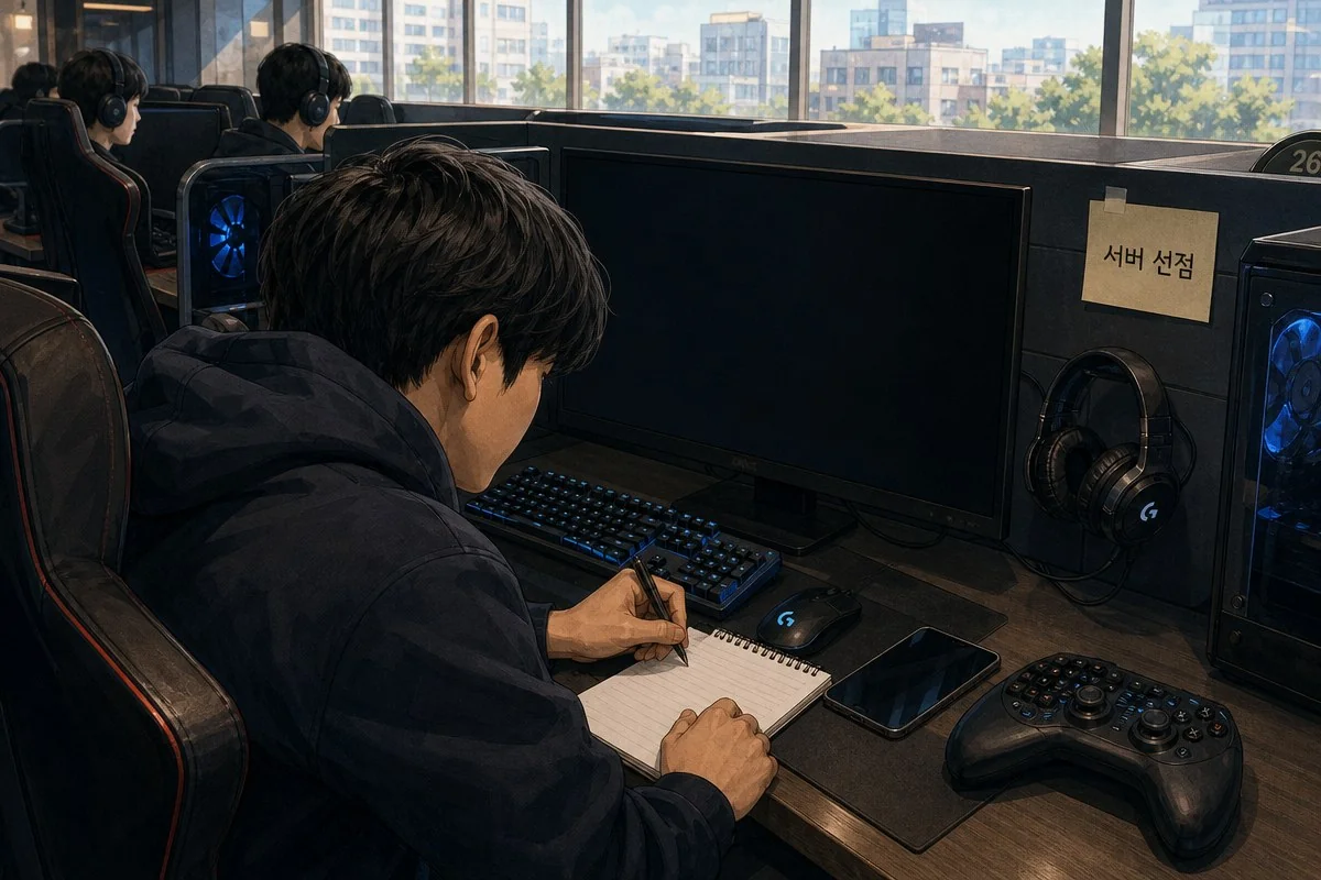 창가 PC방에서 컴퓨터 앞 노트에 글을 적는 모습 — 이해를 돕는 AI 자료 이미지