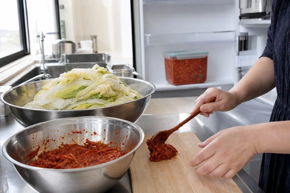 주방 도마 위 배추에 붉은 양념을 바르는 모습 — AI로 생성한 자료 이미지