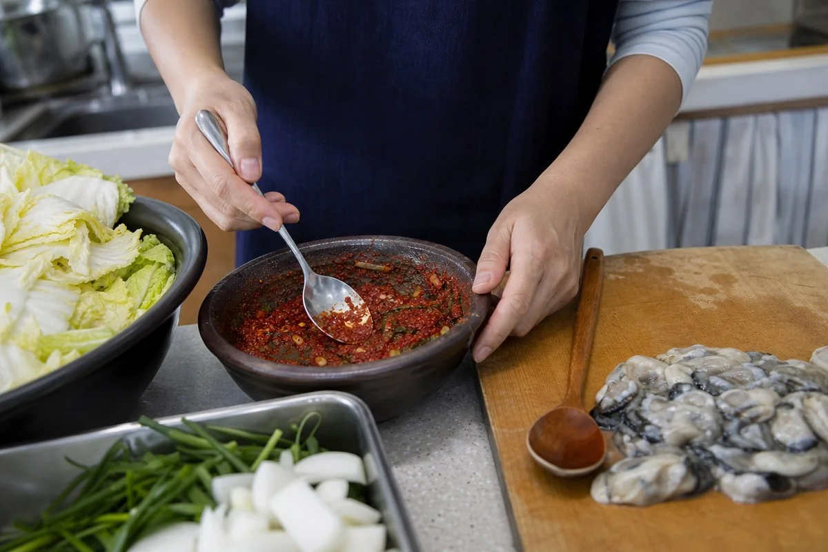 주방에서 숟가락으로 붉은 김장 양념을 저어 섞는 모습 — AI 자료 이미지
