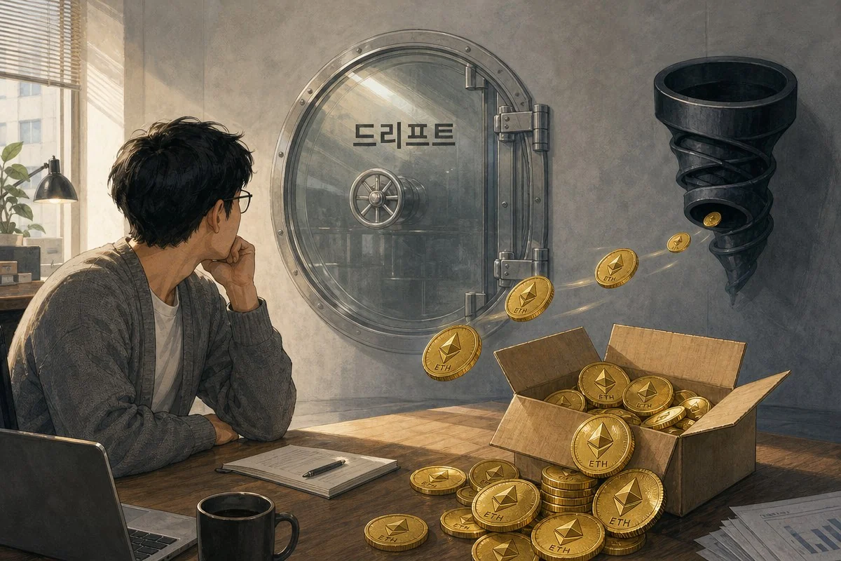 책상 앞에서 이더리움 문양 동전 상자와 금고를 바라보는 모습 — 내용 이해를 돕는 AI 이미지
