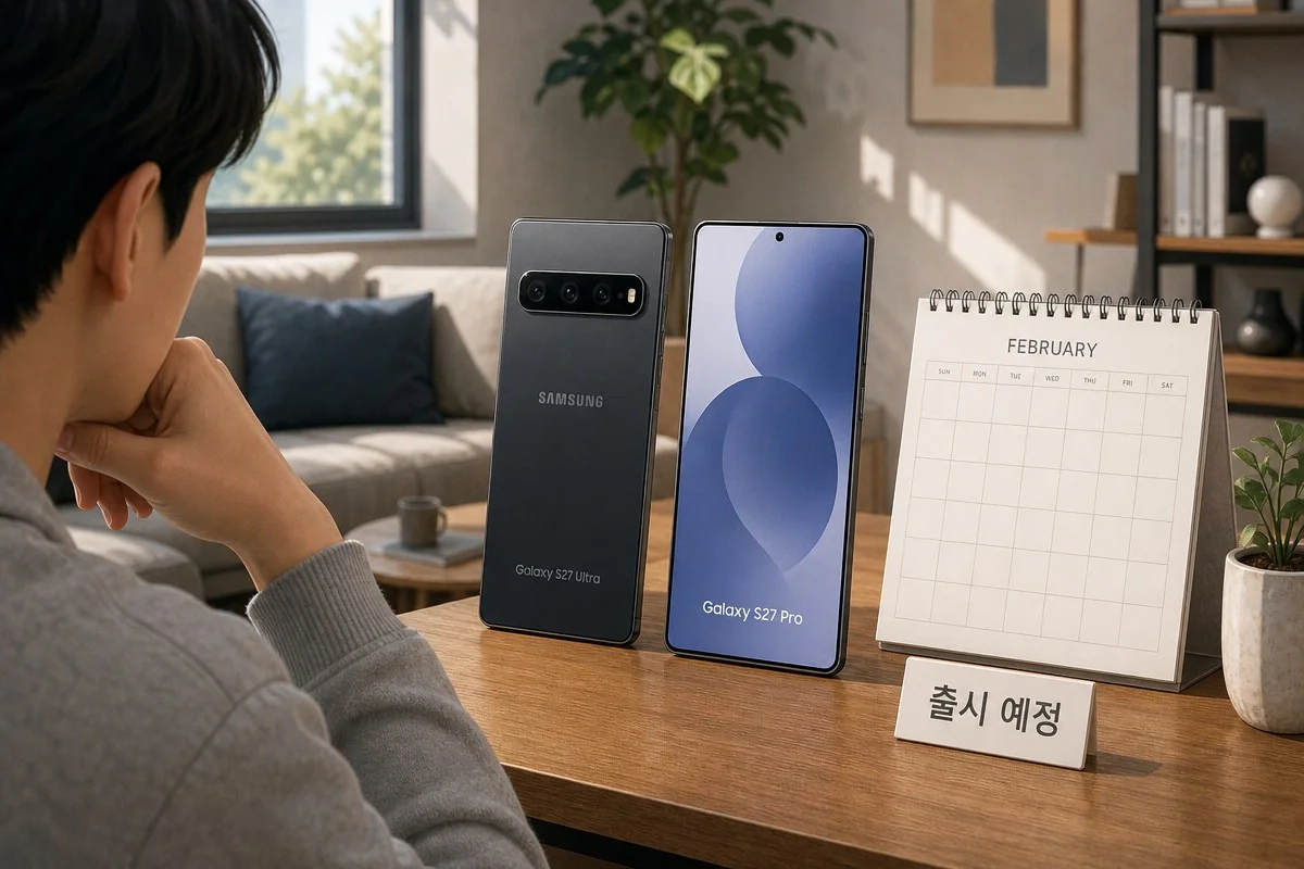 스마트폰 두 대와 2월 달력, 출시 예정 표지판을 바라보는 모습 — AI 자료 이미지