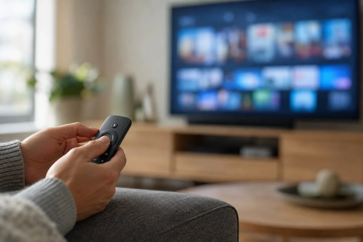 거실 소파에 앉아 리모컨으로 스마트TV 화면을 조작하는 모습 — 내용 이해를 돕는 AI 이미지