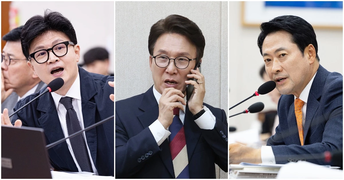 한동훈 무소속 의원, 김민석 더불어민주당 대표, 장동혁 국민의힘 의원. 기사 이해를 돕기 위한 자료 사진. 스트레이트뉴스가 여론조사 전문기관 조원씨앤아이에 의뢰해 지난 17~19일 전국 만 18세 이상 남녀 2000명을 대상으로 차기 대선 적합도를 물은 결과를 21일 공개했다. 조사 결과 한 의원은 18.7%, 김 대표는 13.8%, 장 대표는 13.7%로 각각 나타났다. 이번 조사의 응답률은 3.4%, 표본오차는 95% 신뢰수준에서 ±2.2%p다. 자세한 내용은 중앙선거여론조사심의위원회 홈페이지를 참고하면 된다. / 뉴스1