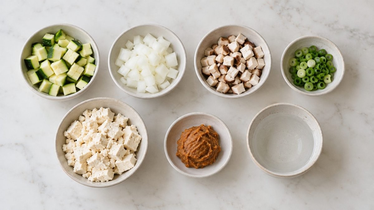 2인분 기준으로 된장 2큰술, 두부 반 모(약 150g), 양파 반 개, 애호박 3분의 1개, 표고버섯 1개, 대파 3분의 1대, 다진 마늘 반 큰술, 물 150mL를 준비한다. 매운맛을 더하려면 청양고추 1개를 추가한다. / 기사 이해를 돕기 위해 AI로 제작한 자료 이미지로, 실제 모습과 다소 차이가 있을 수 있습니다.