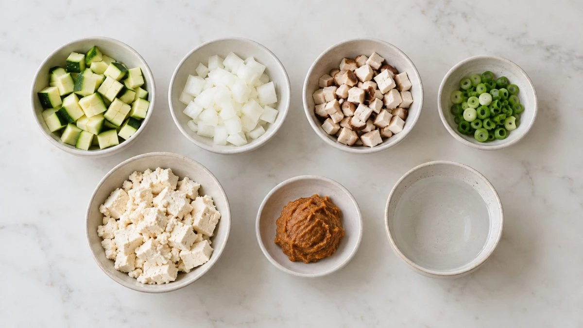 2인분 기준으로 된장 2큰술, 두부 반 모(약 150g), 양파 반 개, 애호박 3분의 1개, 표고버섯 1개, 대파 3분의 1대, 다진 마늘 반 큰술, 물 150mL를 준비한다. 매운맛을 더하려면 청양고추 1개를 추가한다. / 기사 이해를 돕기 위해 AI로 제작한 자료 이미지로, 실제 모습과 다소 차이가 있을 수 있습니다.