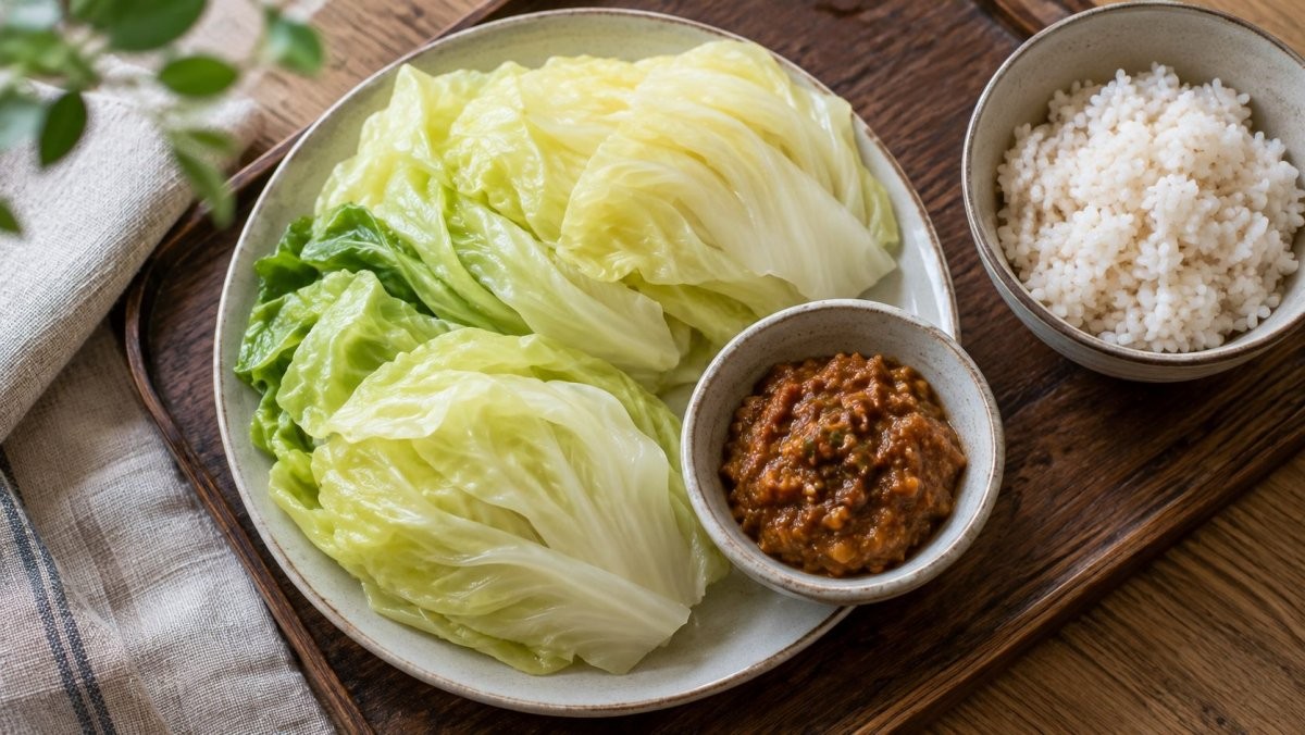 찐 양배추와 강된장, 밥을 함께 차린 쌈밥 한 상. / 기사 이해를 돕기 위해 AI로 제작한 자료 이미지로, 실제 모습과 다소 차이가 있을 수 있습니다.