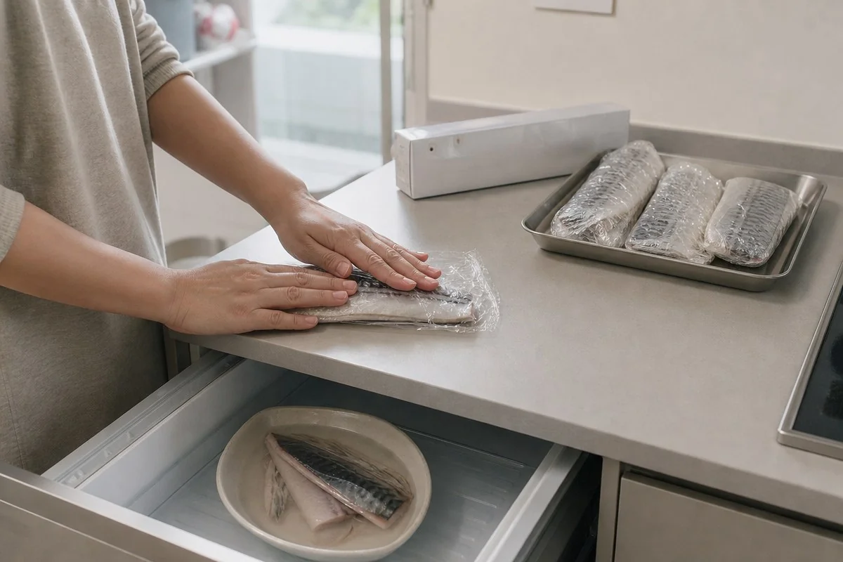손질한 생선을 랩으로 포장하며 냉동고 서랍을 연 모습 — AI 자료 이미지