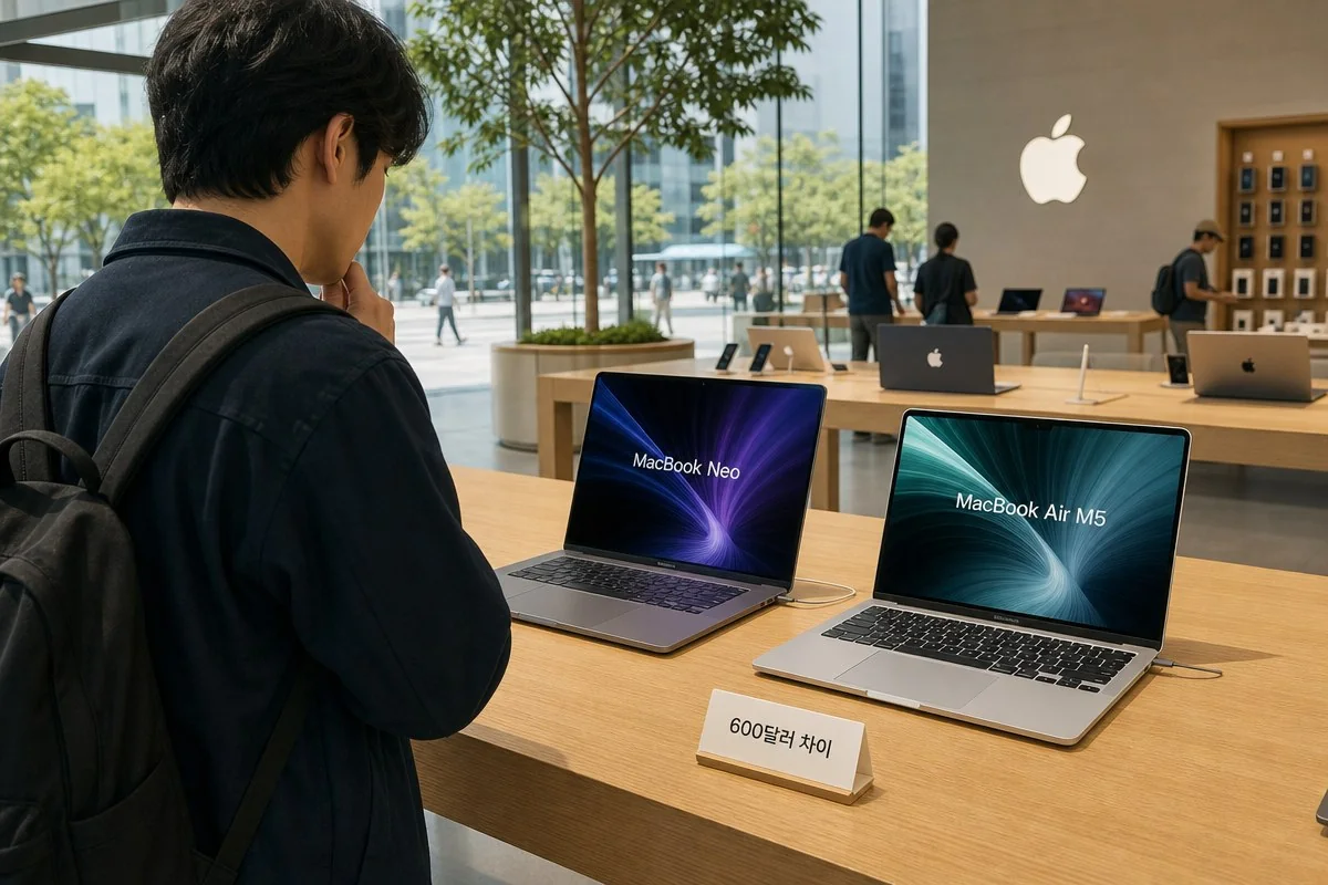 매장에서 맥북 네오와 맥북 에어 M5 노트북을 살펴보는 모습 — AI로 생성한 자료 이미지