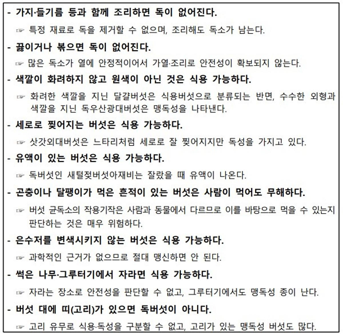 버섯과 관련된 잘못된 민간속설의 예. / 산림청 보도자료