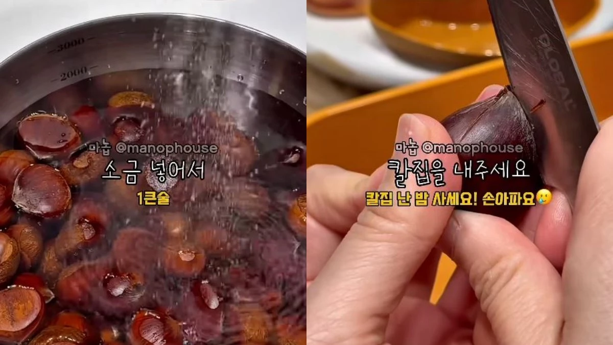 밤을 소금물에 1시간에 담궈뒀다가 깨끗하게 씻어 칼을 이용해 껍질에 십자 모양을 내는 모습. / 유튜브 '마놉 레시피'