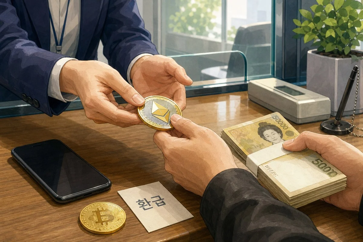 책상 위에서 암호화폐 동전과 현금 다발을 주고받는 모습 — AI 자료 이미지