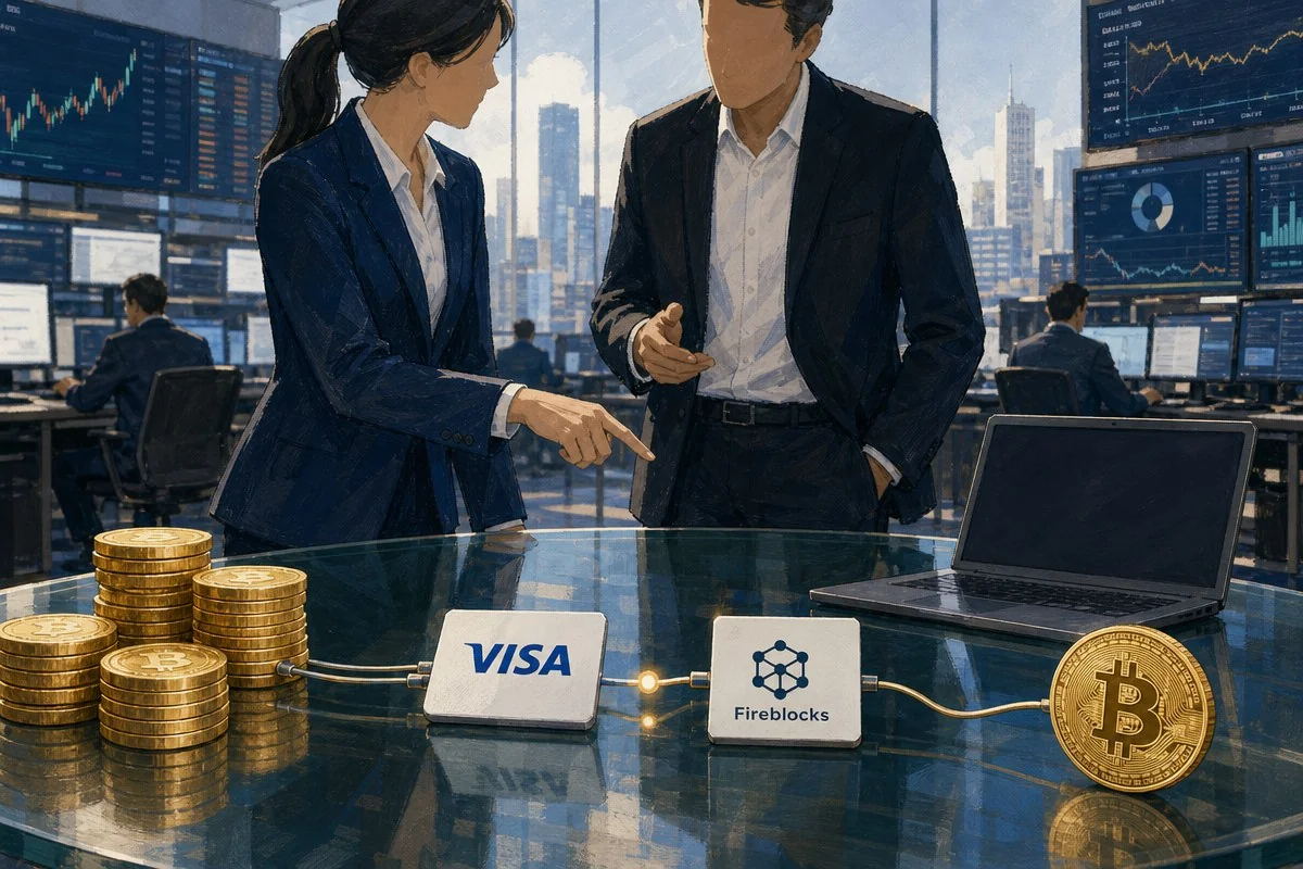 금융 사무실에서 두 사람이 비자·파이어블록스 표식과 금화, 비트코인을 바라보는 모습 — AI 자료 이미지